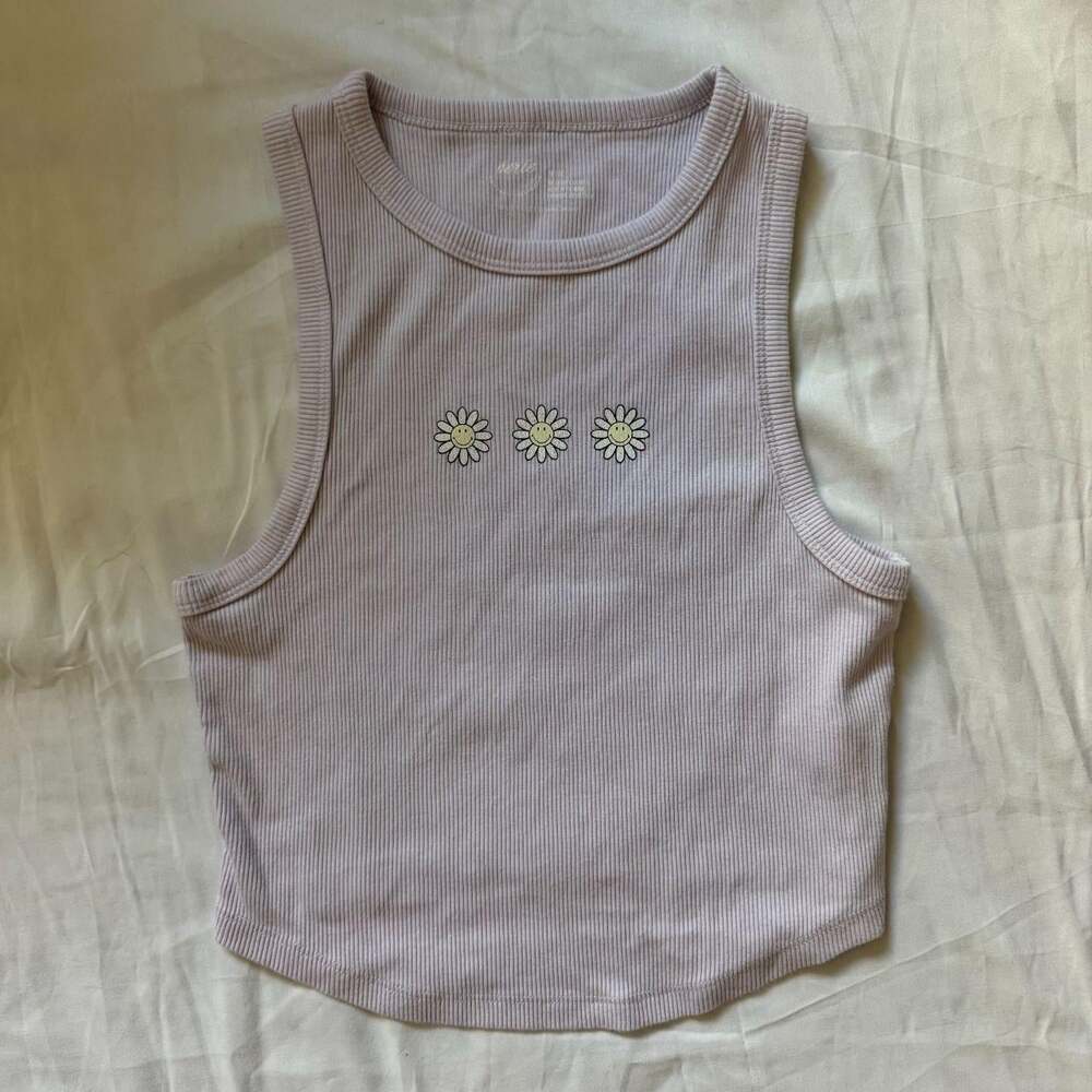 Aerie Womens Lavender Ribbed Tank Smiley Daisy Size Medium